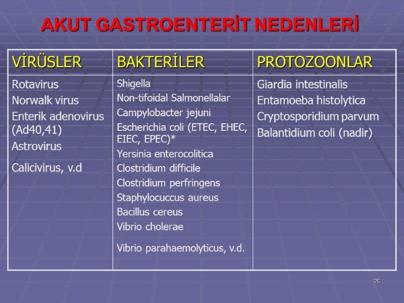 AKUT GASTROENTERİT NEDENLERİ  26